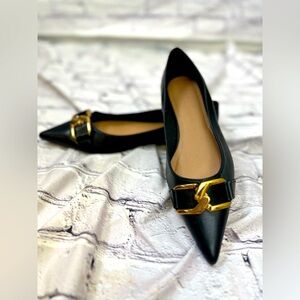 BOC Collective Black Pointed Toe Flats with Gold Chain Detail Size 8 New W/O Box
